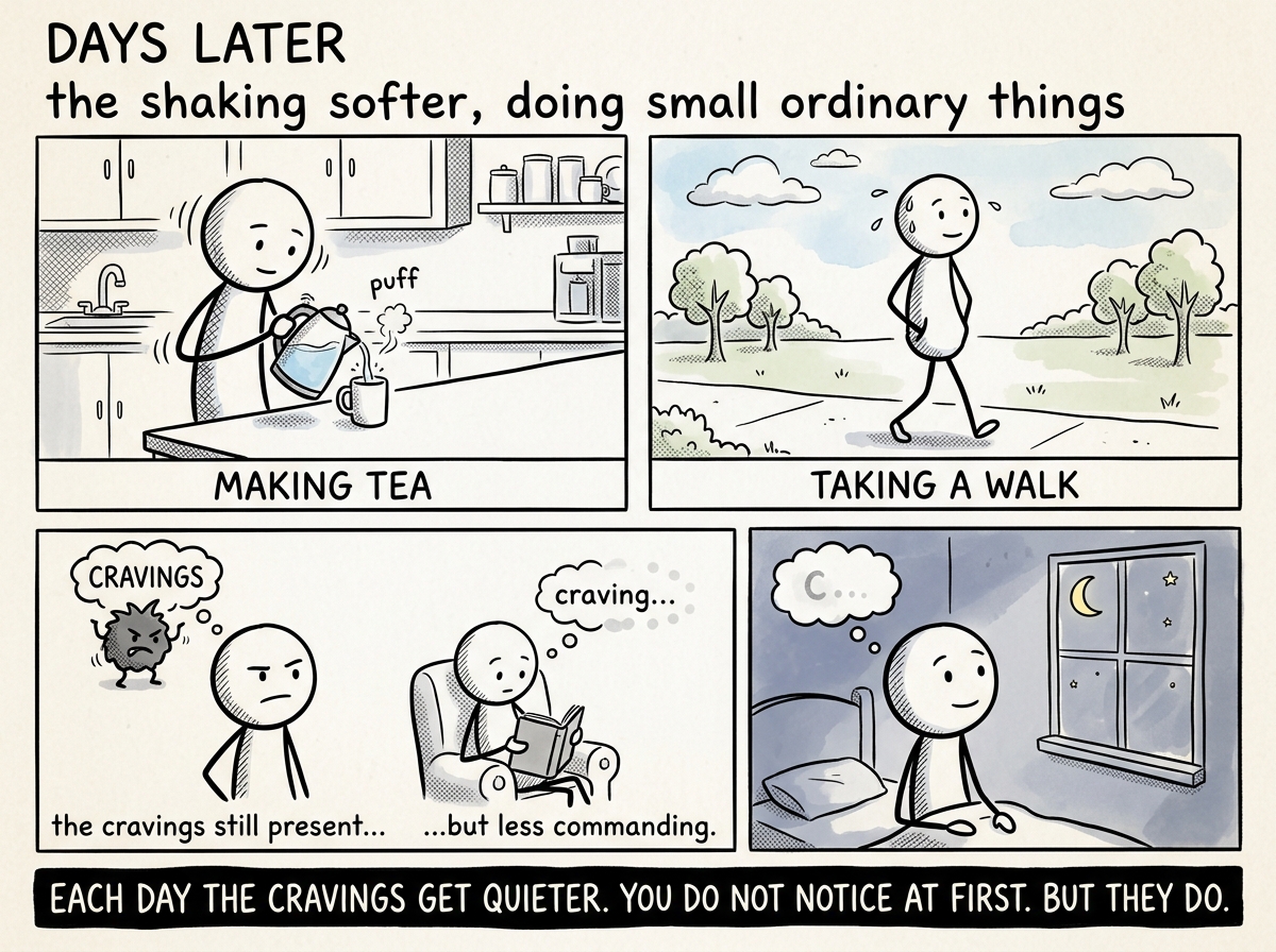 The stick figure days later, the shaking softer, doing small ordinary things -- making tea, taking a walk -- the cravings still present but less commanding