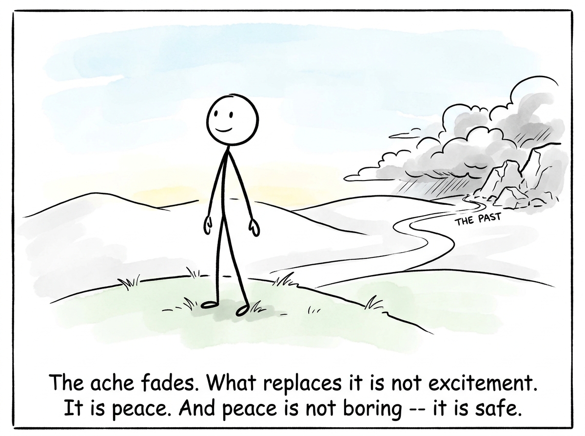 The stick figure standing upright, months later, the withdrawal behind them, feeling a new kind of quiet that is not numbness but peace