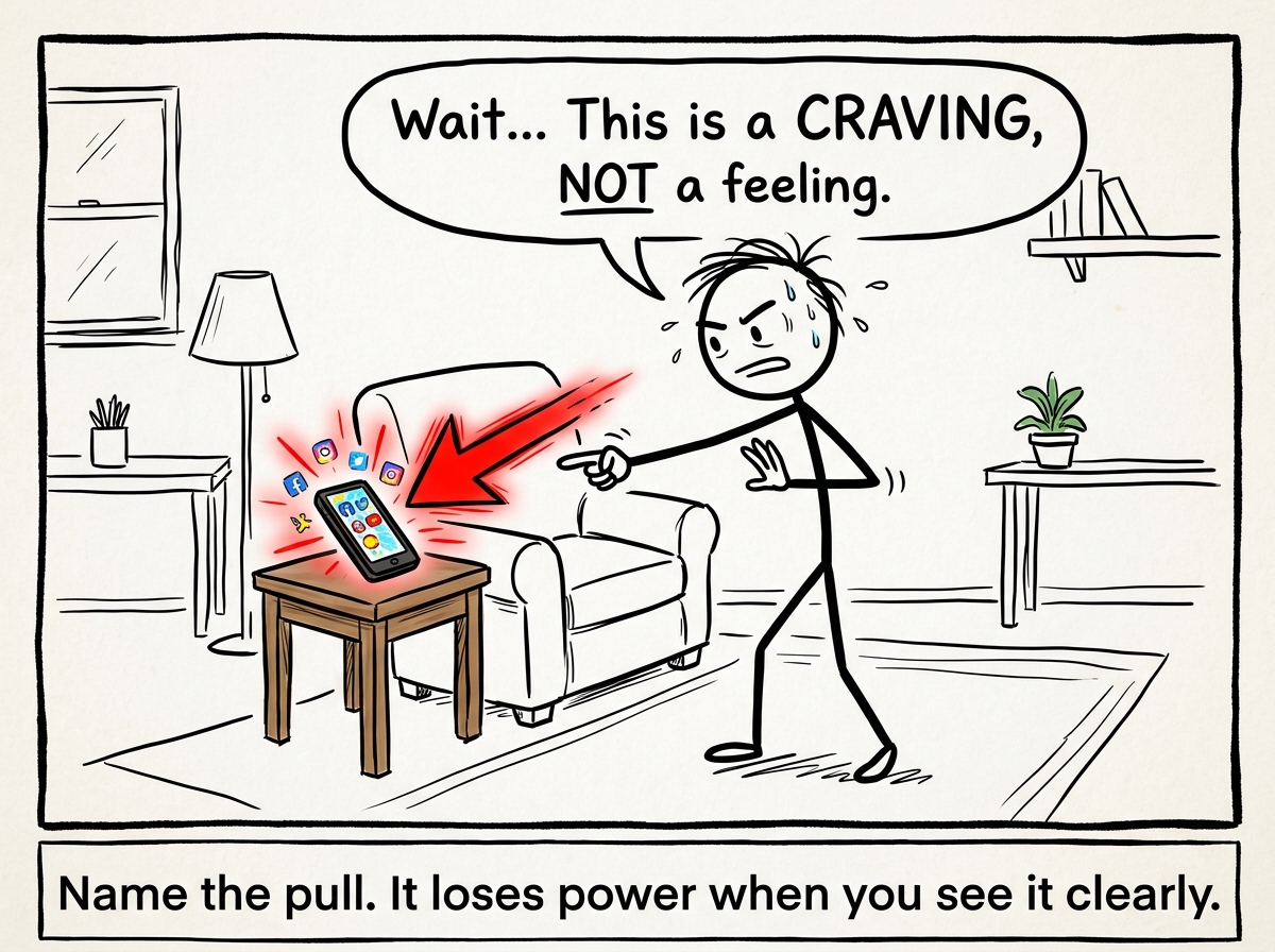 A stick figure feeling the intense urge to reach for their phone, pausing to name it: 'This is a craving, not a feeling'
