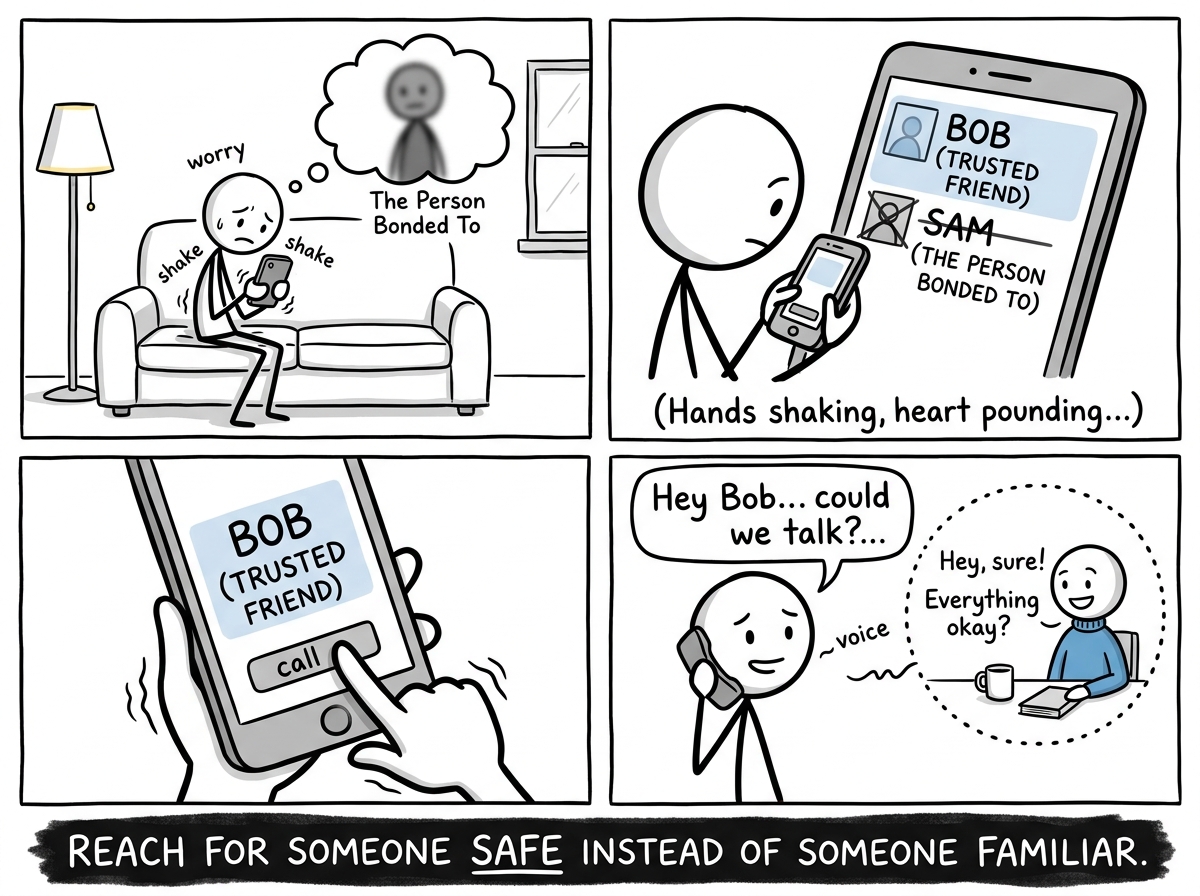 The stick figure calling a trusted friend instead of the person they are bonded to, hands shaking but choosing differently
