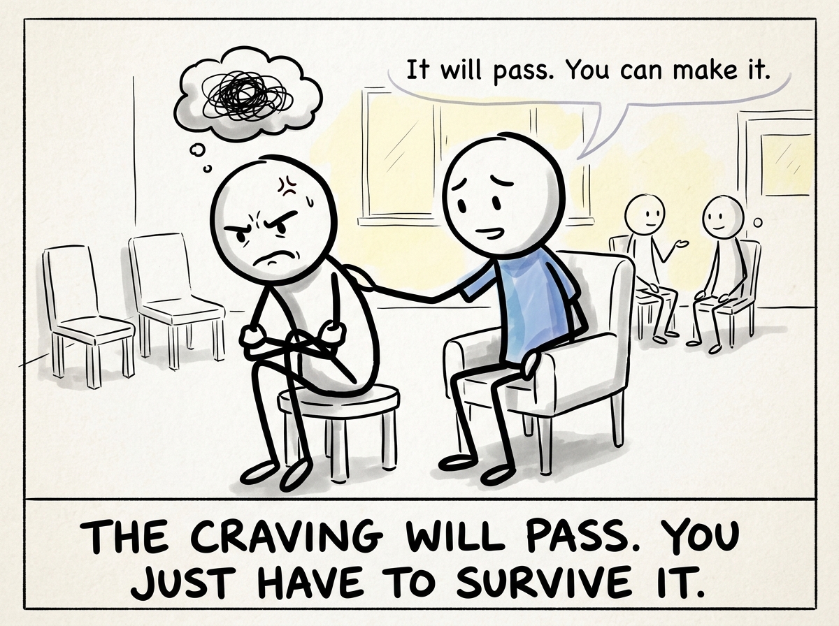 The stick figure sitting with the discomfort of withdrawal, not acting on it, supported by a therapist or group