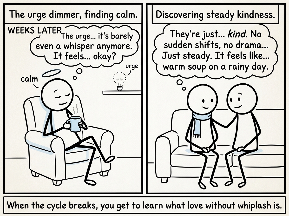 The stick figure weeks later, the urge dimmer, discovering what steady kindness actually feels like