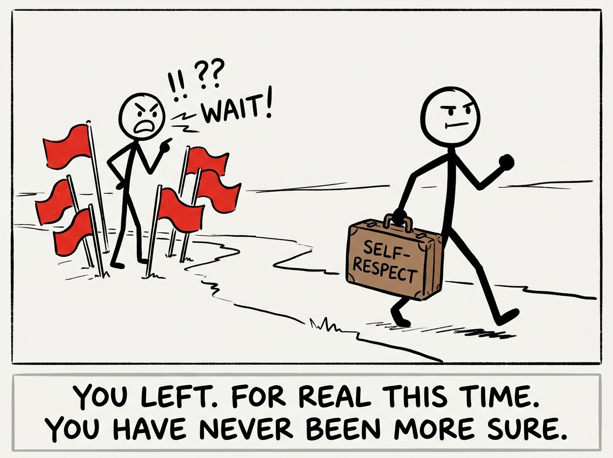 A stick figure marching away from another figure surrounded by red flags, carrying a suitcase labeled 'self-respect,' looking determined and powerful