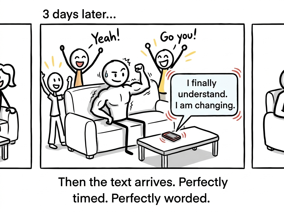 The stick figure three days later, sitting on the couch looking strong but slightly twitchy, friends cheering them on, when a phone buzzes with a message that reads 'I finally understand. I am changing.'