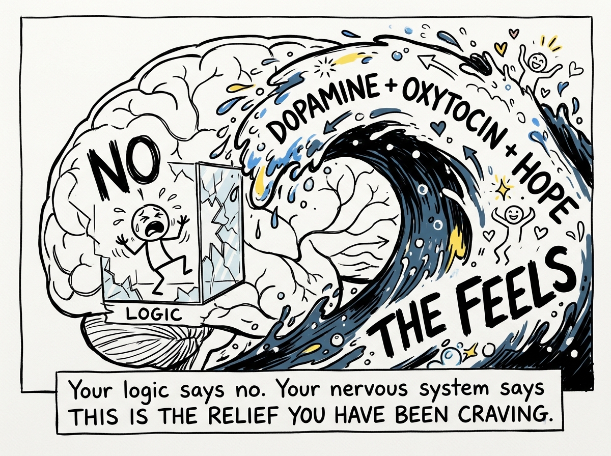 A close-up of the stick figure's brain, showing a tiny rational voice screaming 'NO' from behind a glass wall while a massive wave labeled 'dopamine + oxytocin + hope' crashes over everything