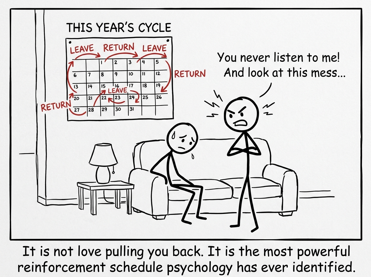 The stick figure back with their toxic partner, who is already showing warning signs again, while a calendar on the wall shows the cycle repeating: leave, return, leave, return, leave, return