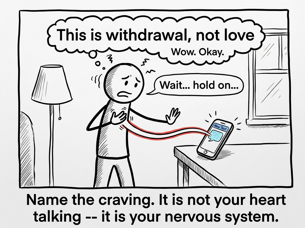 A stick figure feeling the intense pull to respond to a text, pausing and naming it: 'This is withdrawal, not love'
