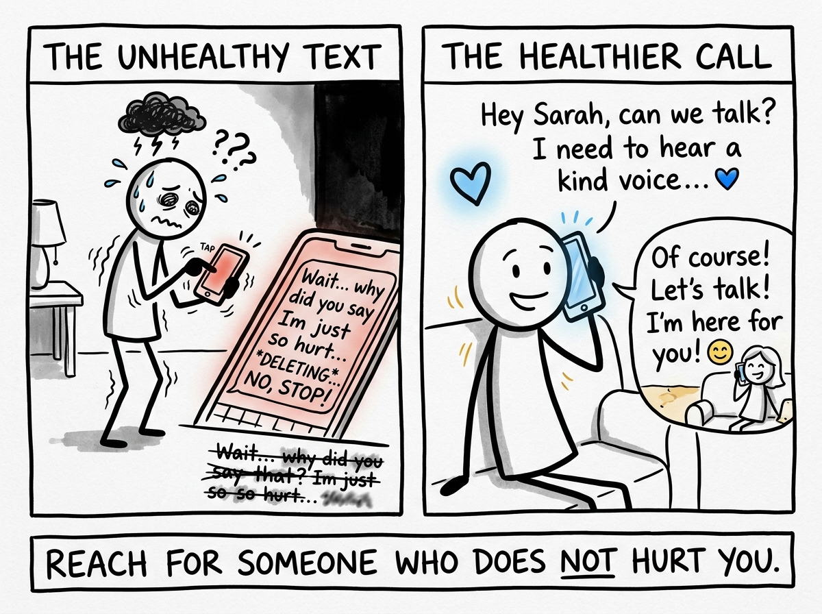 The stick figure deleting the text and calling a friend instead, hands shaking but choosing the safer reach