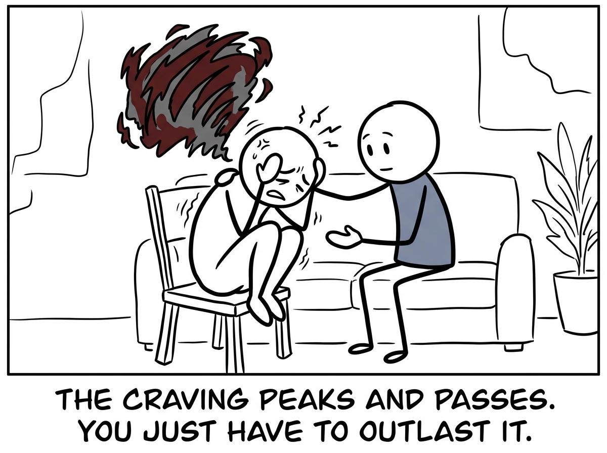 The stick figure sitting with the painful withdrawal, not acting on it, supported by a therapist or trusted person