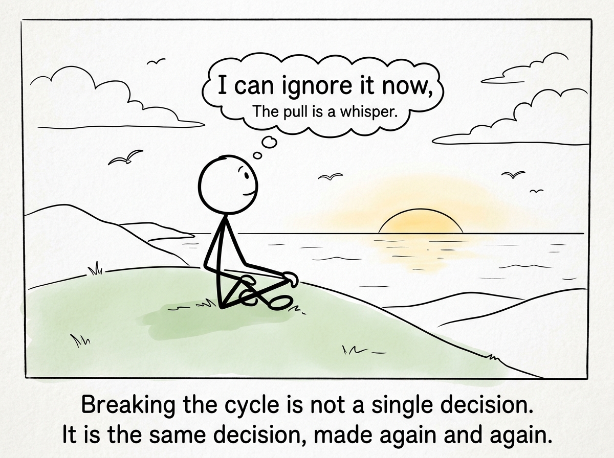 The stick figure weeks later in a calm, steady moment, the pull faded to a whisper they can finally ignore