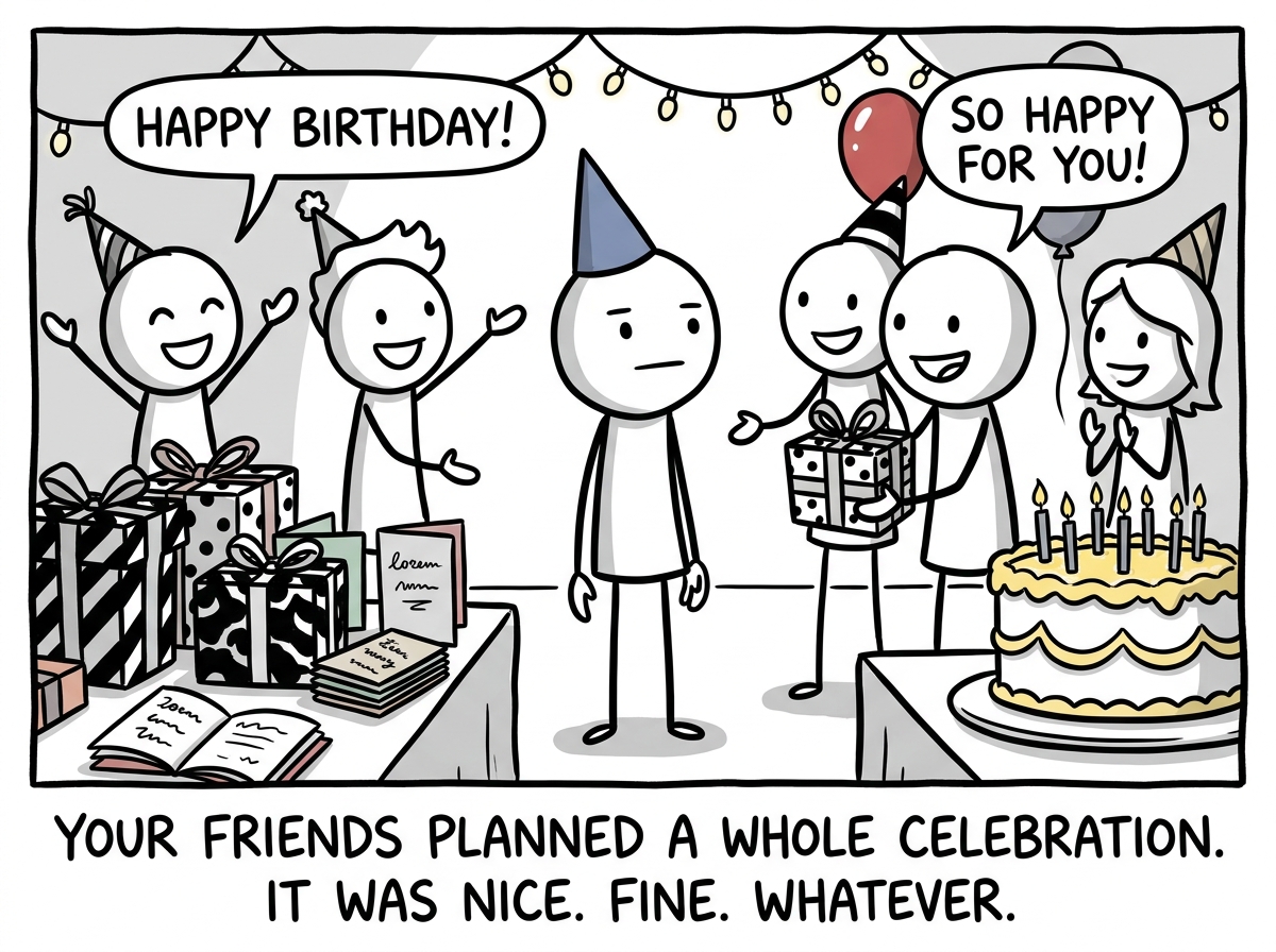 A stick figure surrounded by friends at a birthday party, with gifts and cake and heartfelt cards piled around them, looking pleasant but not particularly moved