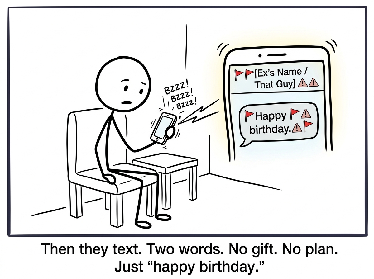 The stick figure's phone buzzing with a two-word text reading 'Happy birthday' from a contact name surrounded by red flags and warning emojis