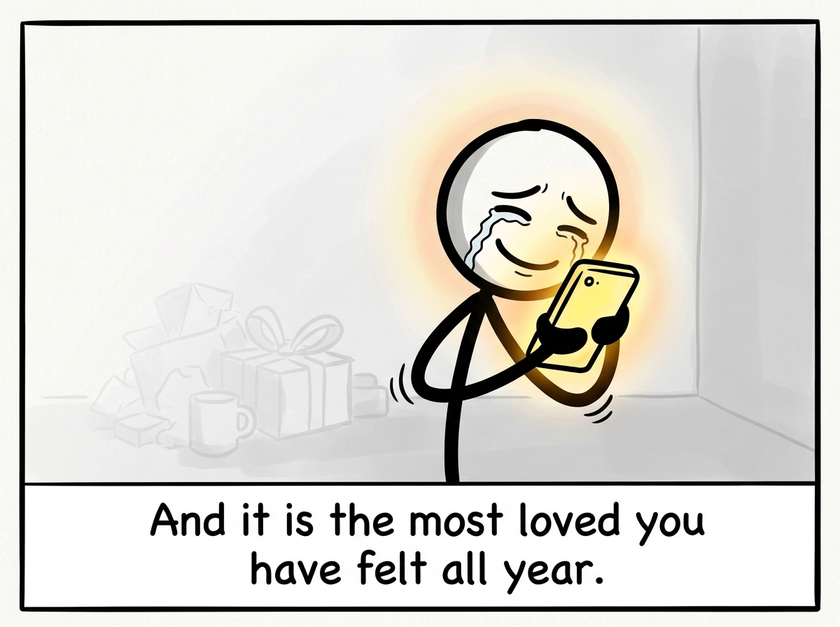 The stick figure clutching the phone to their chest with tears streaming down their face, glowing with joy, while the pile of thoughtful gifts from friends fades into the background completely
