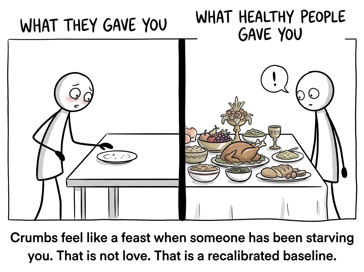 A split-screen showing a tiny crumb on a plate labeled 'what they gave you' next to an elaborate feast labeled 'what healthy people gave you,' with the stick figure reaching for the crumb
