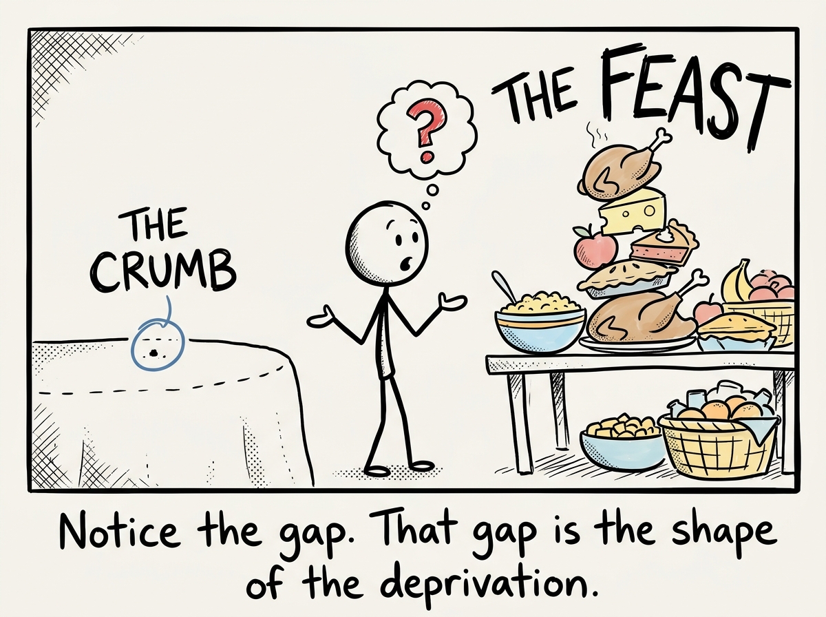 A stick figure looking at the crumb and the feast side by side, starting to see the distortion for the first time
