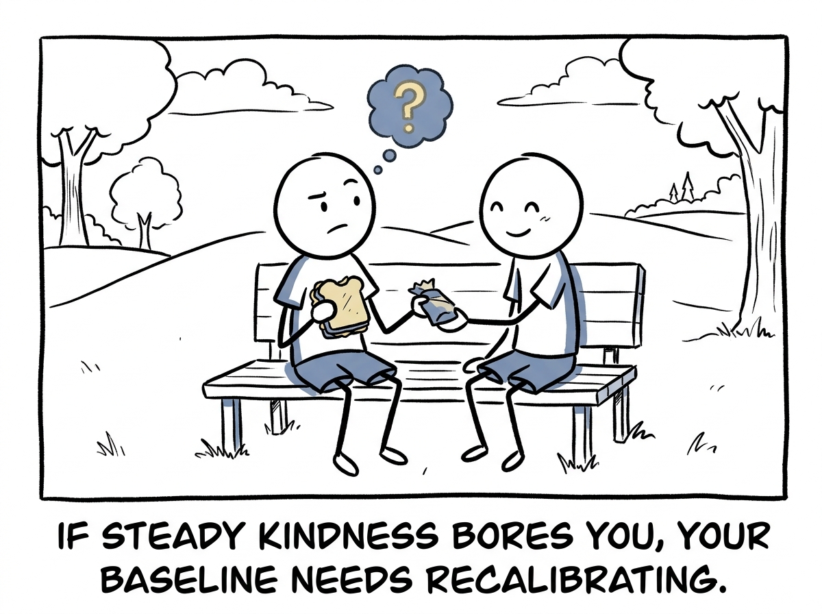 The stick figure spending time with a friend whose consistent kindness feels oddly unremarkable, and pausing to notice that