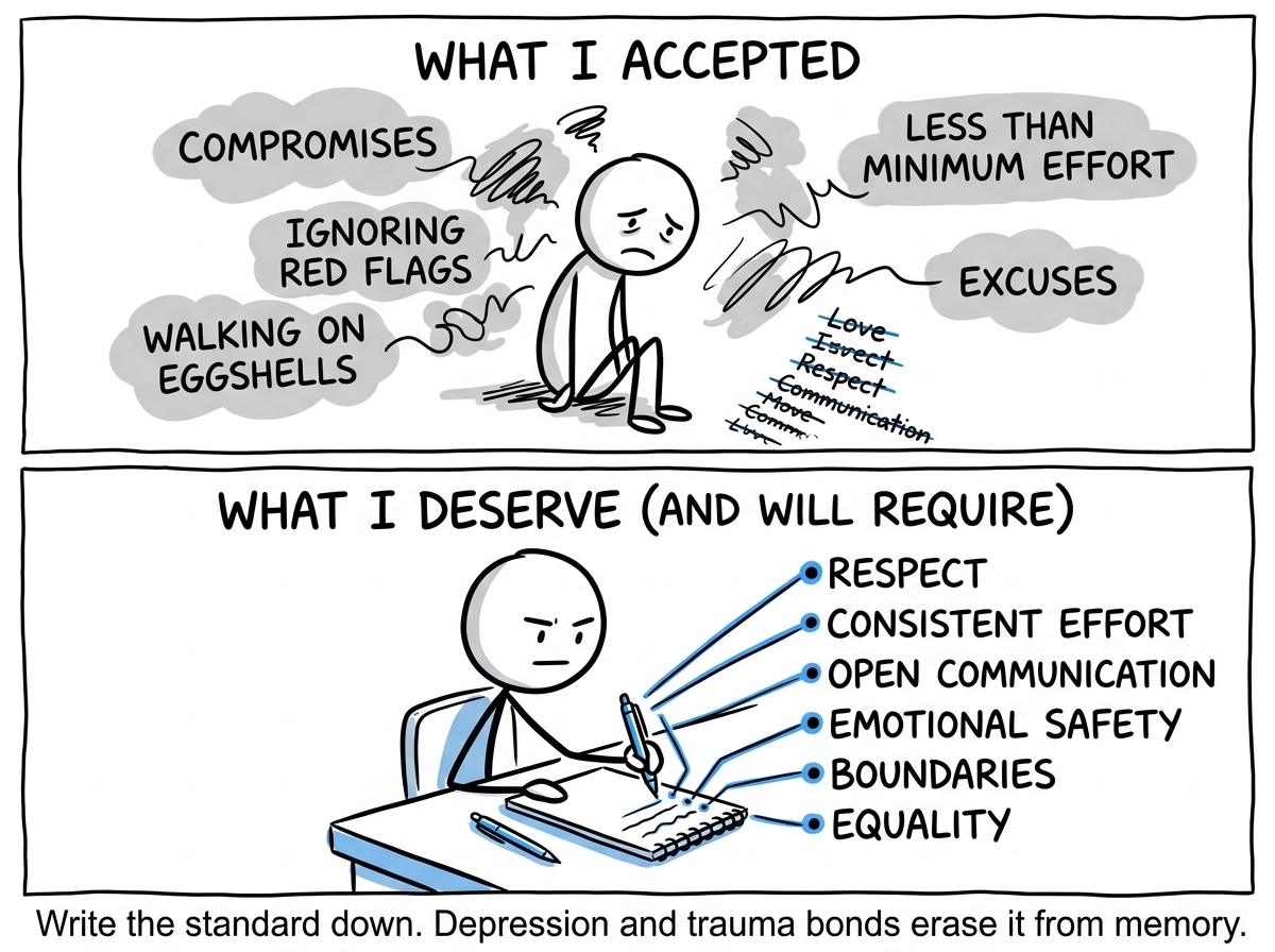 The stick figure writing down what they actually deserve in a relationship, comparing it to what they have been accepting