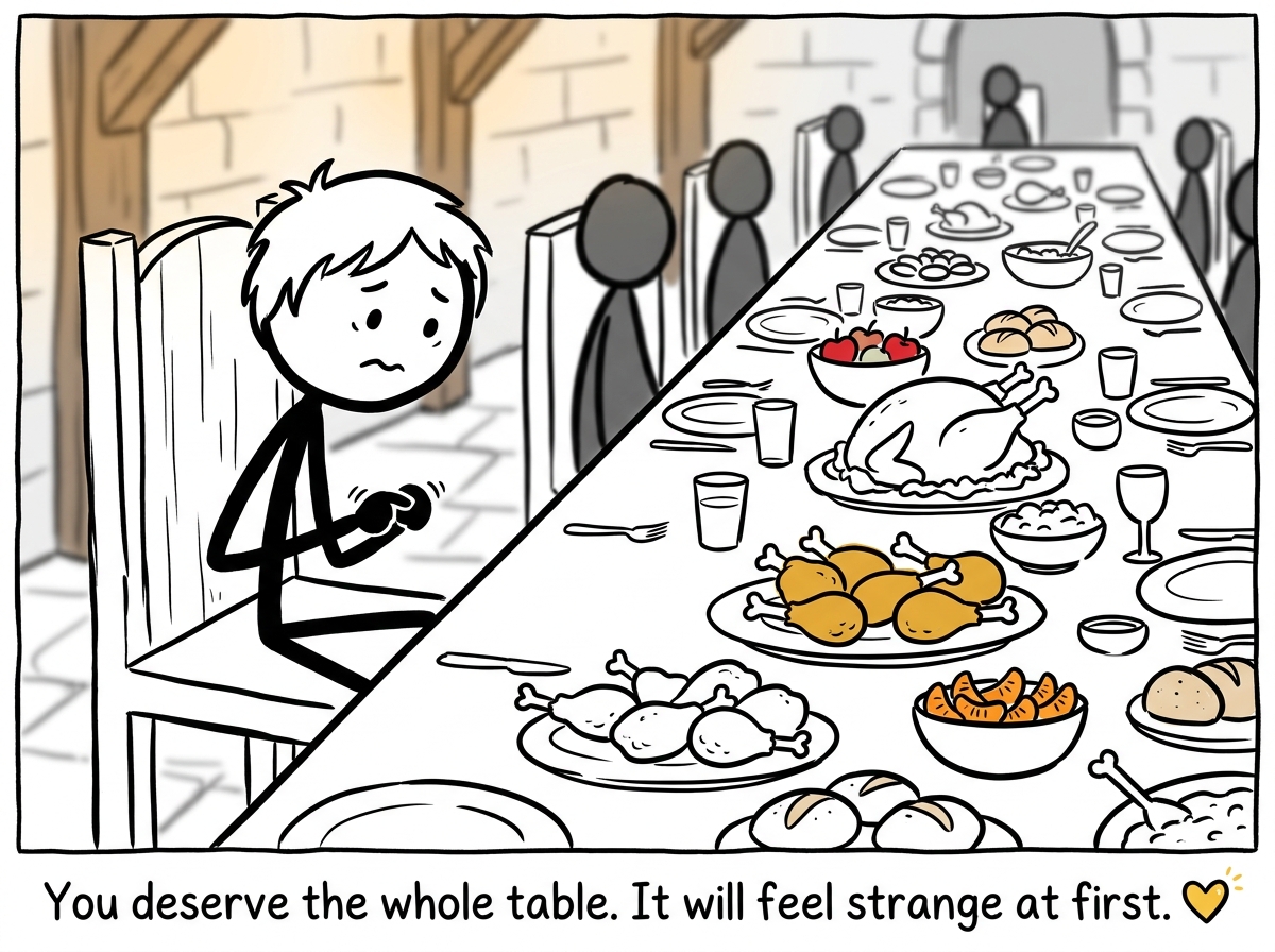 The stick figure sitting at the feast instead of reaching for the crumb, uncomfortable but choosing differently