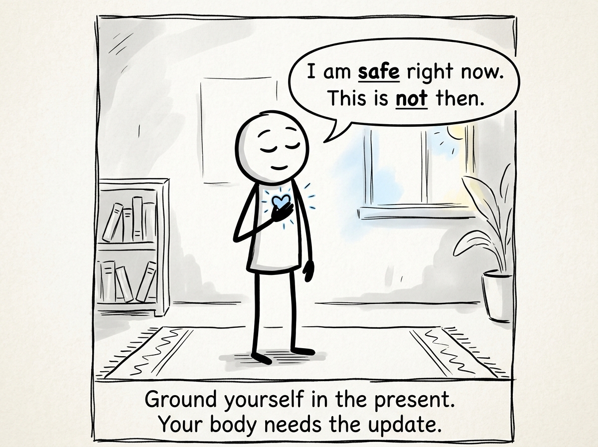 The stick figure placing a hand on their heart and reminding themselves 'I am safe right now. This is not then.'