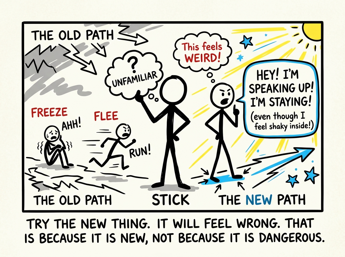 The stick figure choosing a new response -- speaking up instead of freezing, staying instead of fleeing -- even though it feels unfamiliar