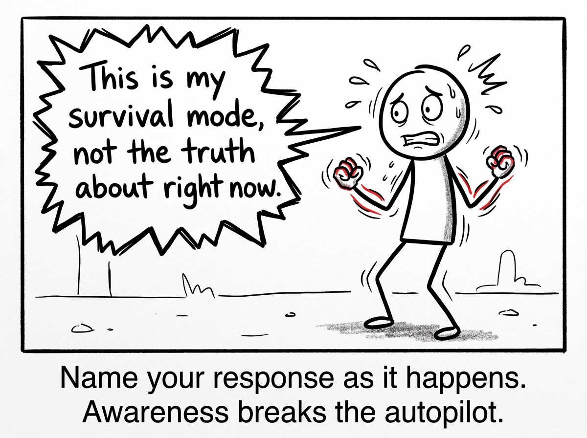 A stick figure feeling their trauma response activate -- fists clenching or body freezing -- and labeling it: 'This is my survival mode, not the truth about right now'