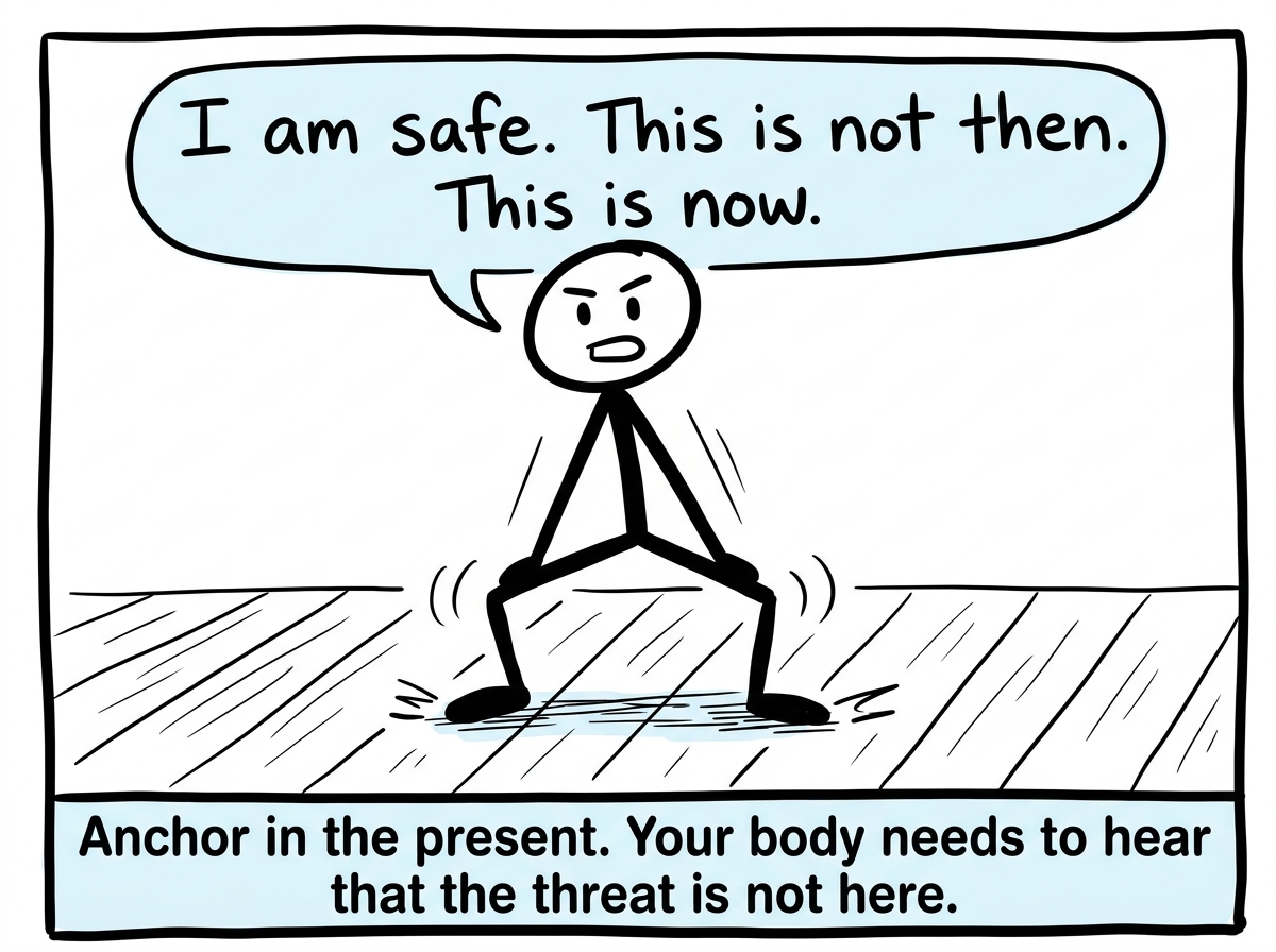 The stick figure grounding themselves by pressing their feet into the floor and saying 'I am safe. This is not then. This is now'