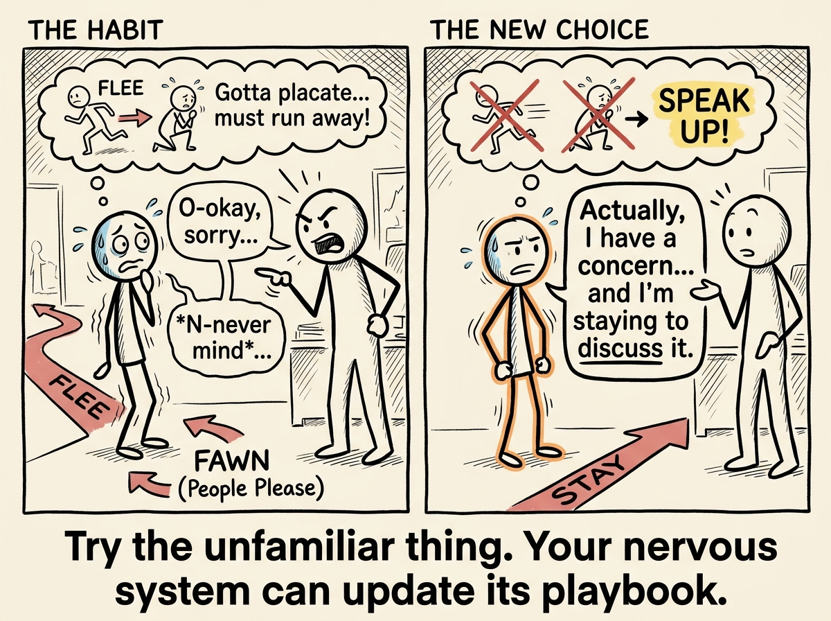 The stick figure choosing a different response -- speaking up instead of fawning, staying instead of fleeing -- even though it feels unnatural