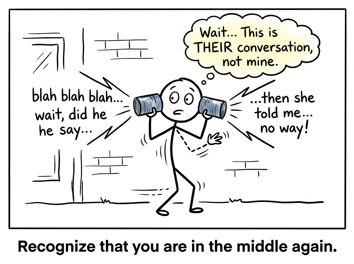 A stick figure holding two tin-can phones, mid-relay, suddenly stopping and thinking 'This is their conversation, not mine'