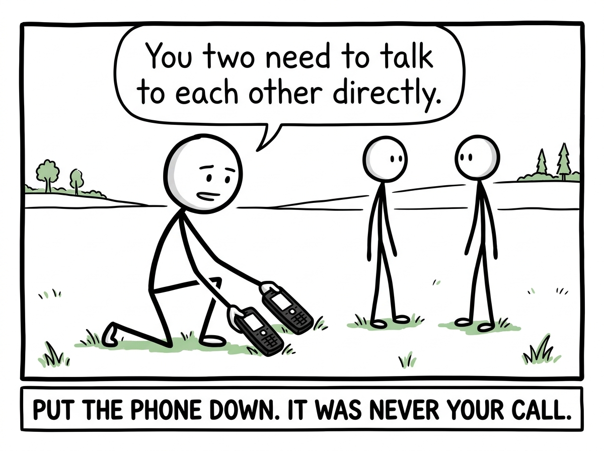 The stick figure gently placing both phones on the ground, saying 'You two need to talk to each other directly'