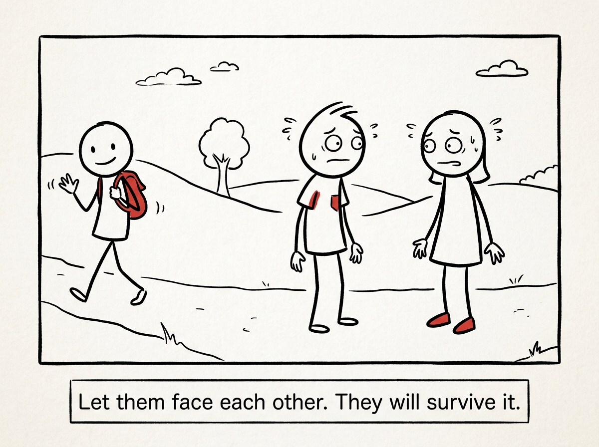 The stick figure walking away while the two people look at each other awkwardly for the first time, uncomfortable but capable