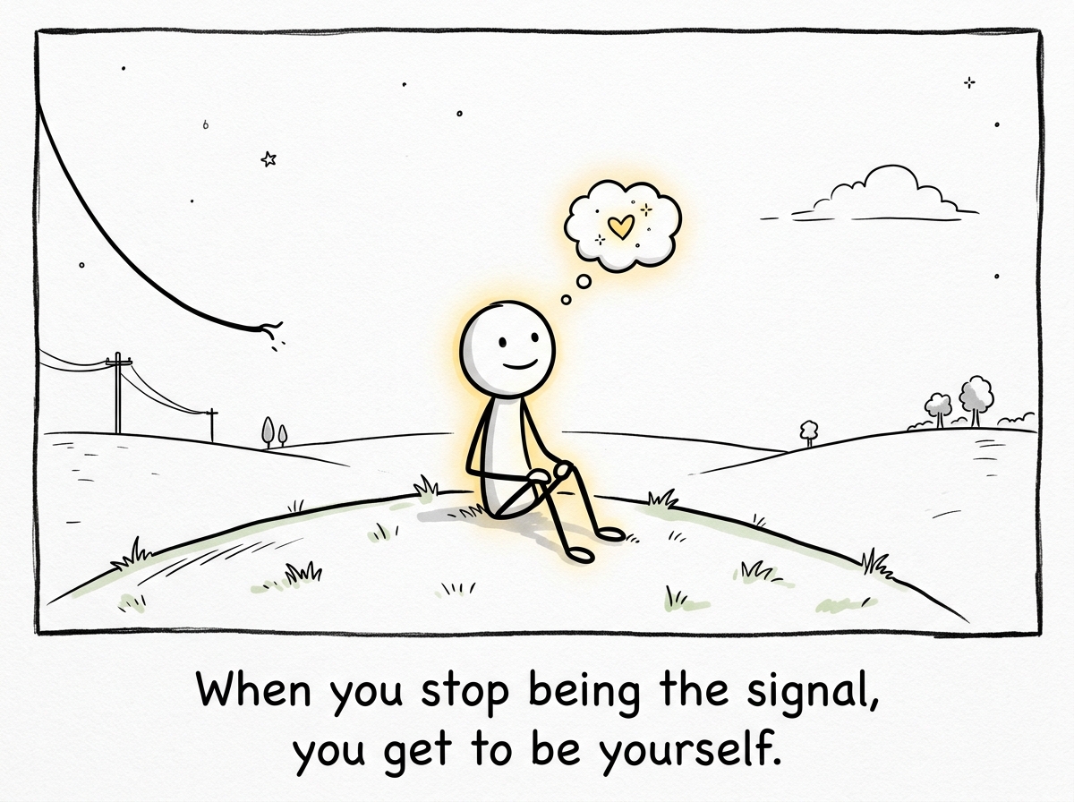 The stick figure sitting peacefully alone, free of tangled phone lines, with their own thoughts for the first time