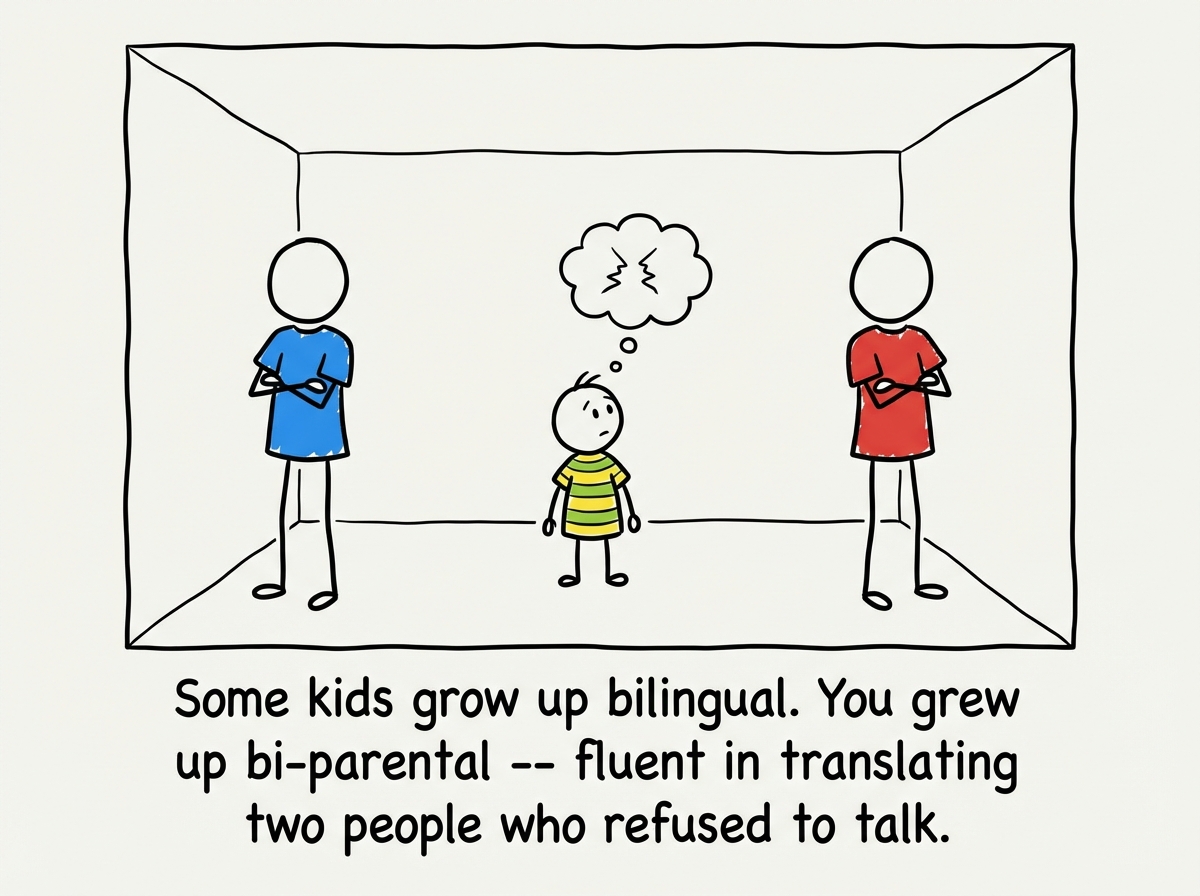 Two parent stick figures standing on opposite sides of a room with their arms crossed, backs turned to each other, with a small child stick figure standing in the middle looking back and forth