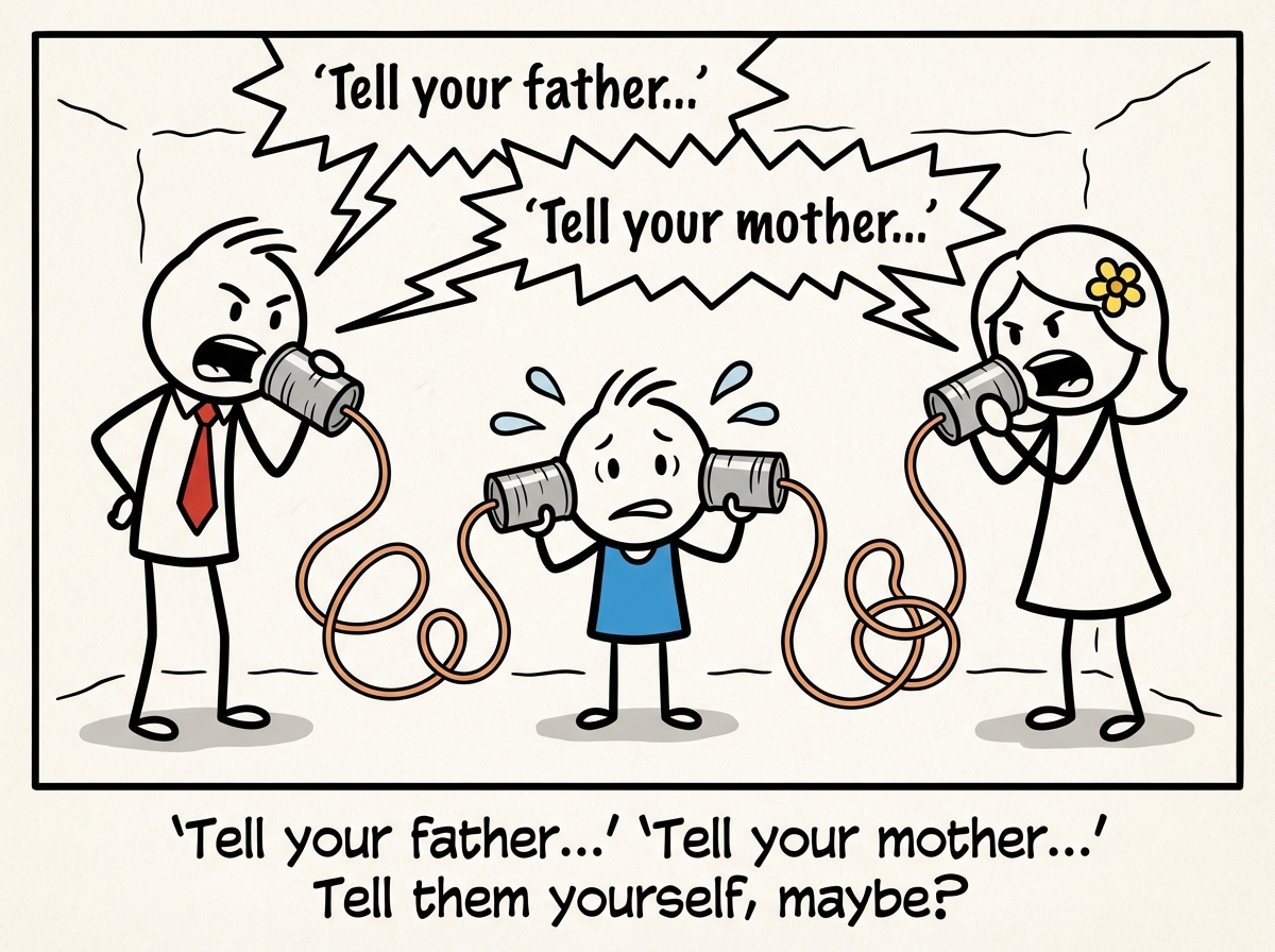The child figure now holding two tin-can phones, one to each ear, relaying a message from one parent to the other, sweat drops visible, speech bubbles crossing