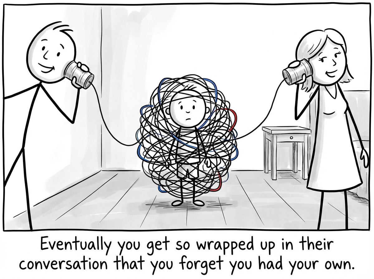 The child figure tangled in the phone strings, wrapped around them like a cocoon, while both parents continue talking into their cans obliviously