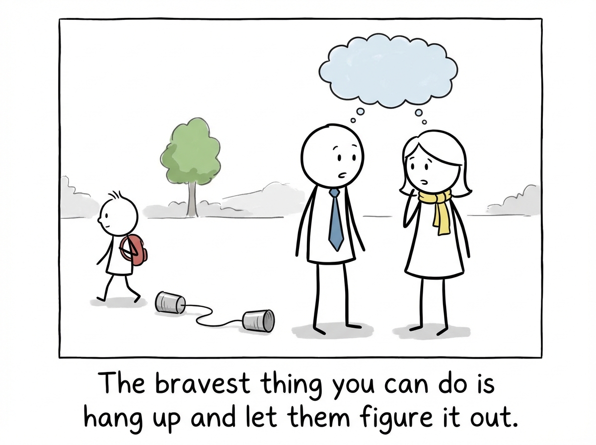 The child figure gently setting both tin-can phones on the ground and walking away, while the two parent figures are left facing each other for the first time