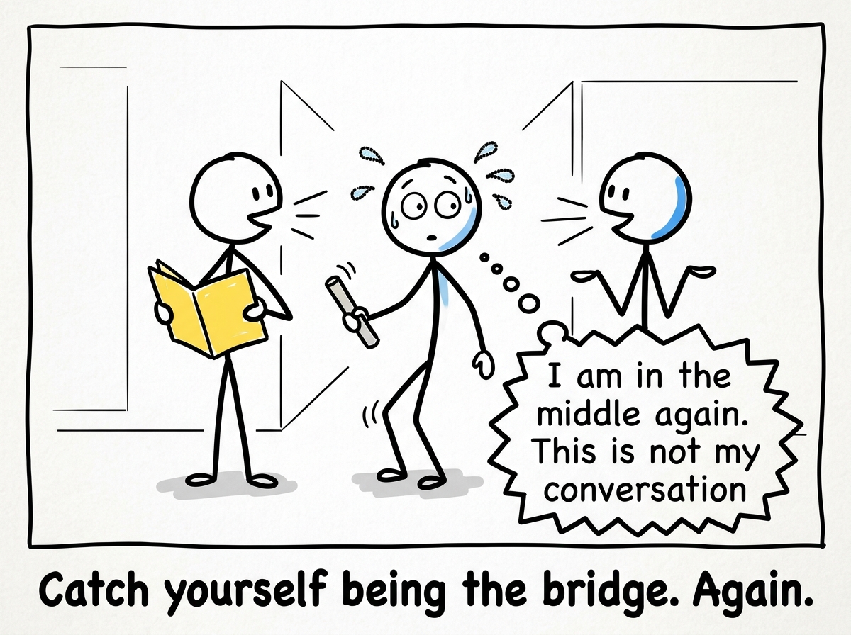 A stick figure mid-relay between two people, stopping to realize 'I am in the middle again. This is not my conversation'