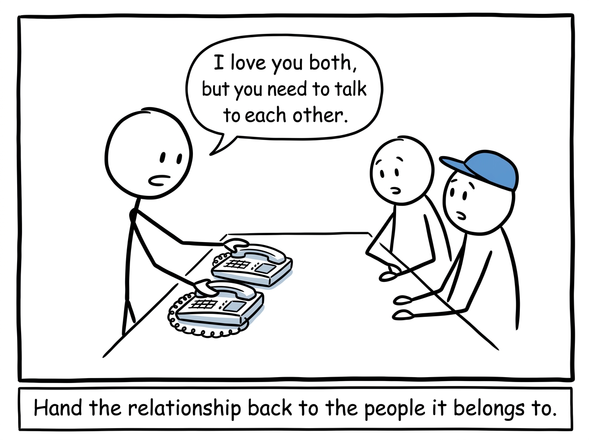 The stick figure gently setting the phones down and saying 'I love you both, but you need to talk to each other'