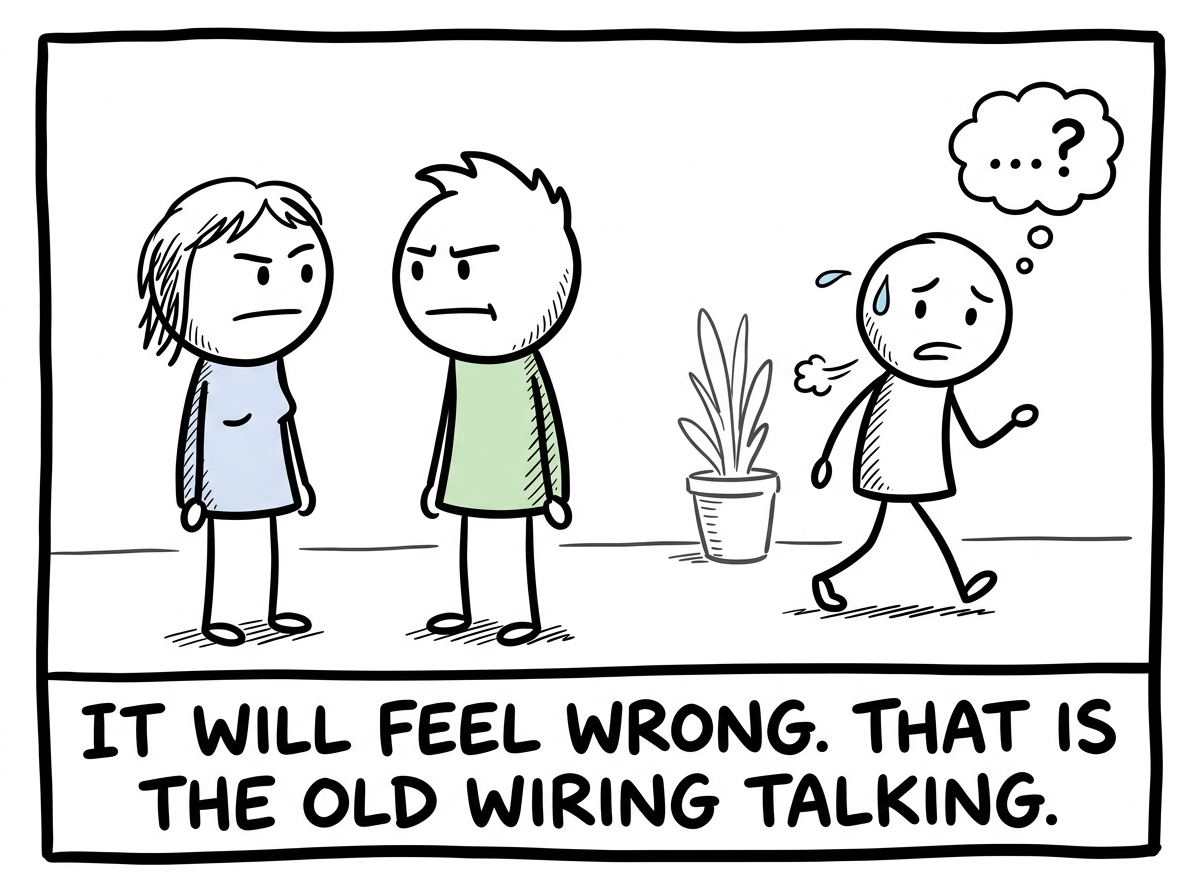 The two people looking at each other awkwardly while the stick figure steps aside, uncomfortable but free