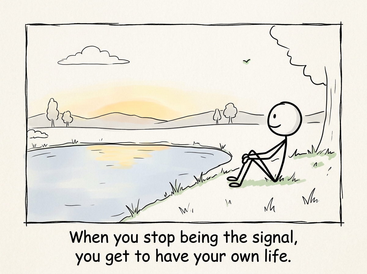 The stick figure sitting alone with their own thoughts, no tin-can phones, finally having their own experience