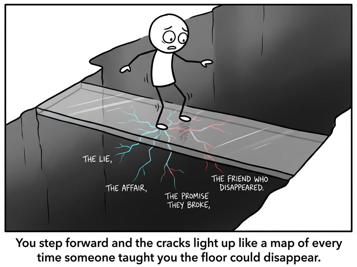 The stick figure takes one hesitant step onto the glass bridge and immediately looks down. Beneath the surface, visible cracks radiate outward like a spiderweb, each one labeled with a past betrayal: 'The lie,' 'The affair,' 'The promise they broke,' 'The friend who disappeared.' The figure's eyes are wide with fear, knees slightly bent, arms out for balance. The canyon below is impossibly deep.
