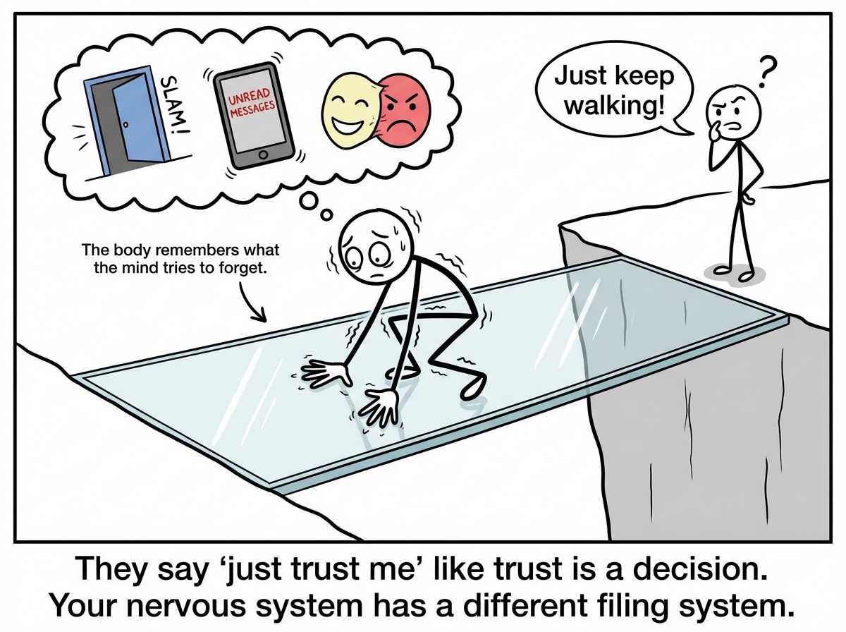 The stick figure is frozen in the middle of the bridge, crouched low, both hands pressed flat against the glass. The person on the other side calls out 'Just keep walking!' with a confused expression. The frozen figure's thought bubble shows a rapid-fire montage of memories: a door slamming, a phone with unread messages, a smiling face with a mask peeling off behind it. A label reads 'The body remembers what the mind tries to forget.'