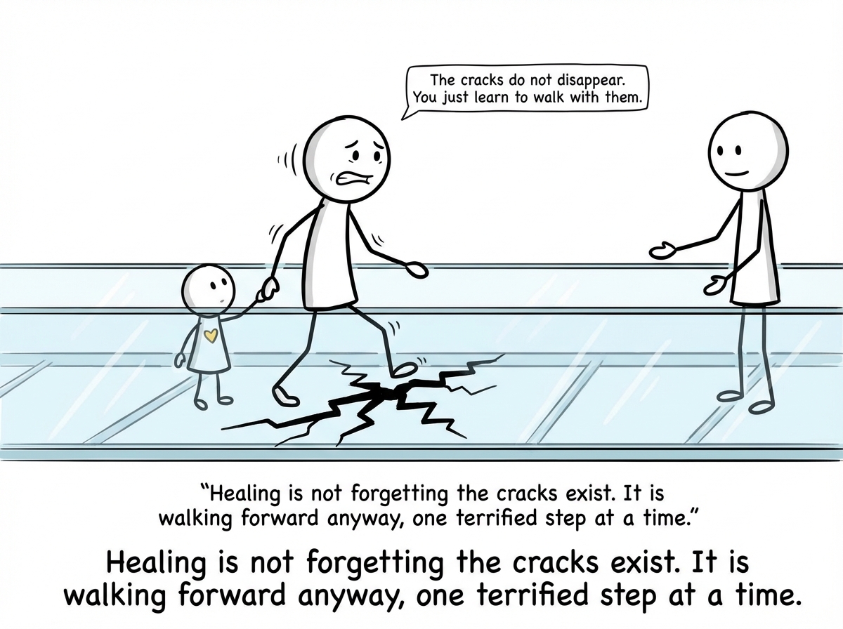 The stick figure has stood up and taken another small step forward on the bridge. The cracks are still visible beneath their feet, but they are moving. Their expression is terrified but determined. A tiny version of themselves -- their inner child -- holds their hand from behind. The person on the far side waits patiently. A small label reads 'The cracks do not disappear. You just learn to walk with them.'