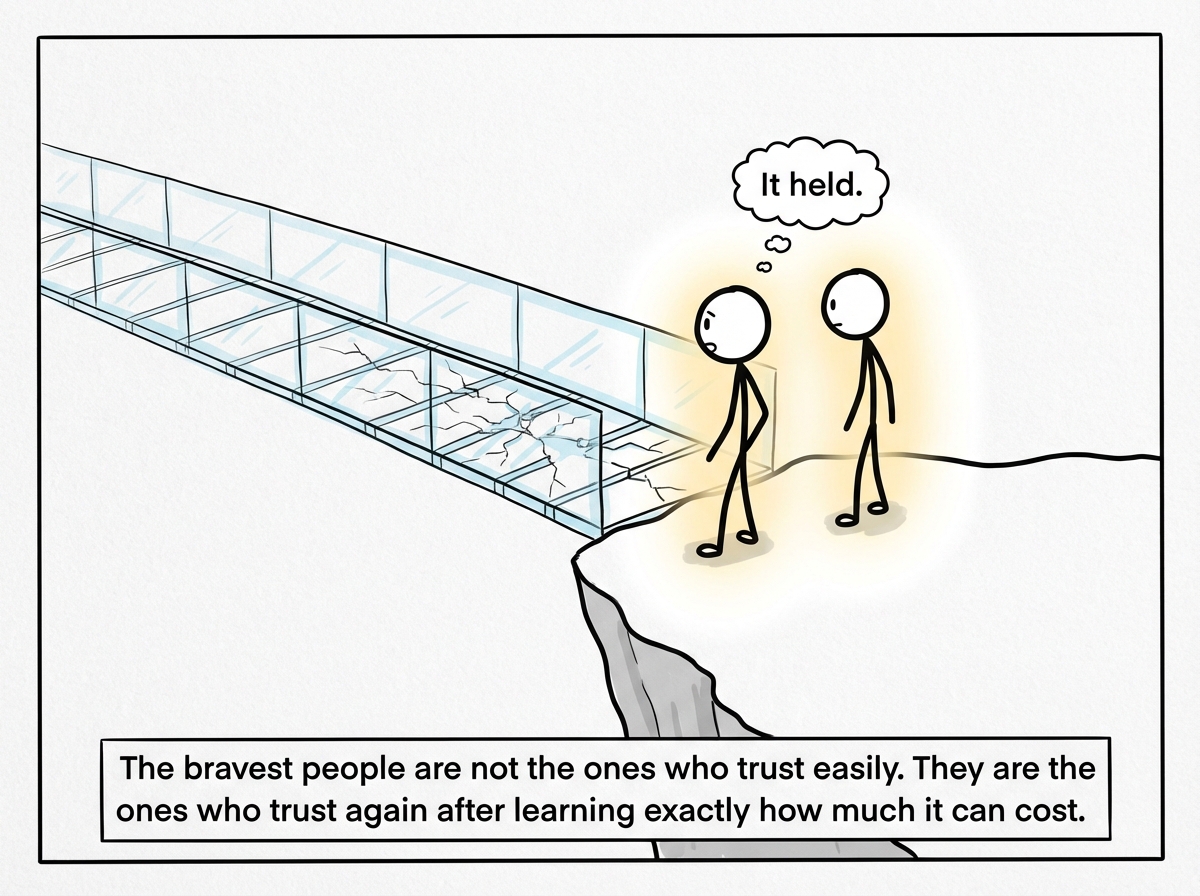 The stick figure has reached the other side of the glass bridge and stands beside the person who waited. They are not hugging or celebrating -- just standing together quietly, looking back at the cracked bridge they crossed. The figure's thought bubble reads 'It held.' A gentle glow surrounds both of them.
