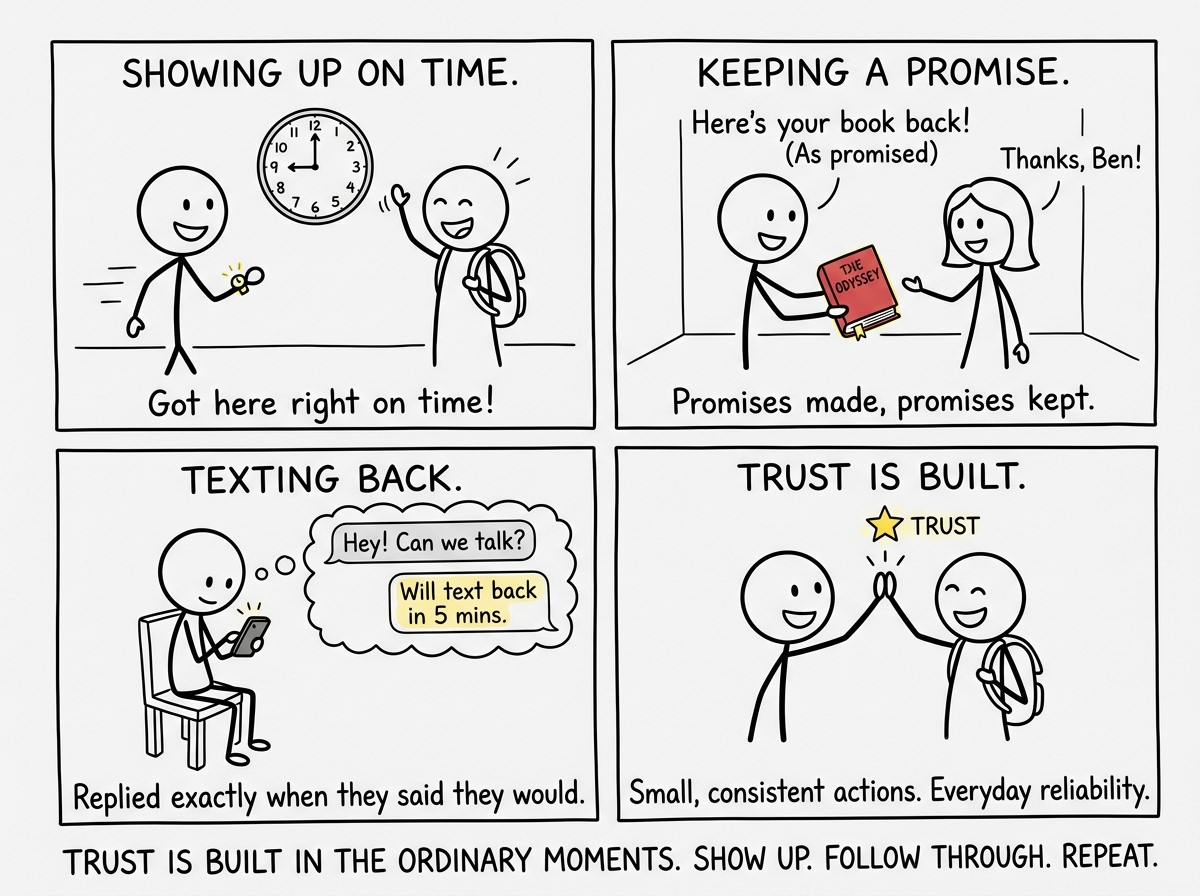 A stick figure doing something small but consistent: showing up on time, keeping a promise, texting back when they said they would