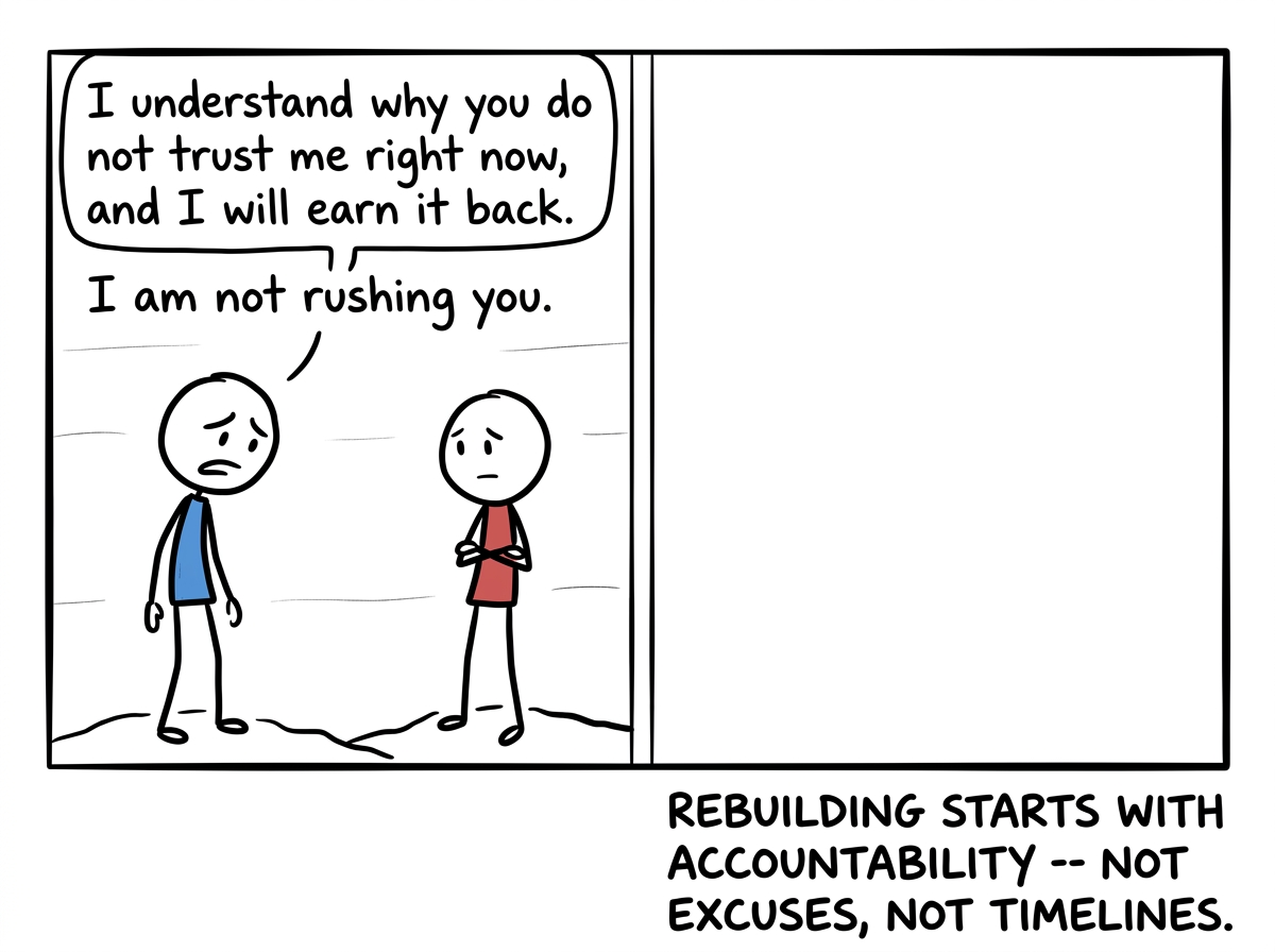 After a breach of trust, one figure saying 'I understand why you do not trust me right now, and I will earn it back' without rushing the other