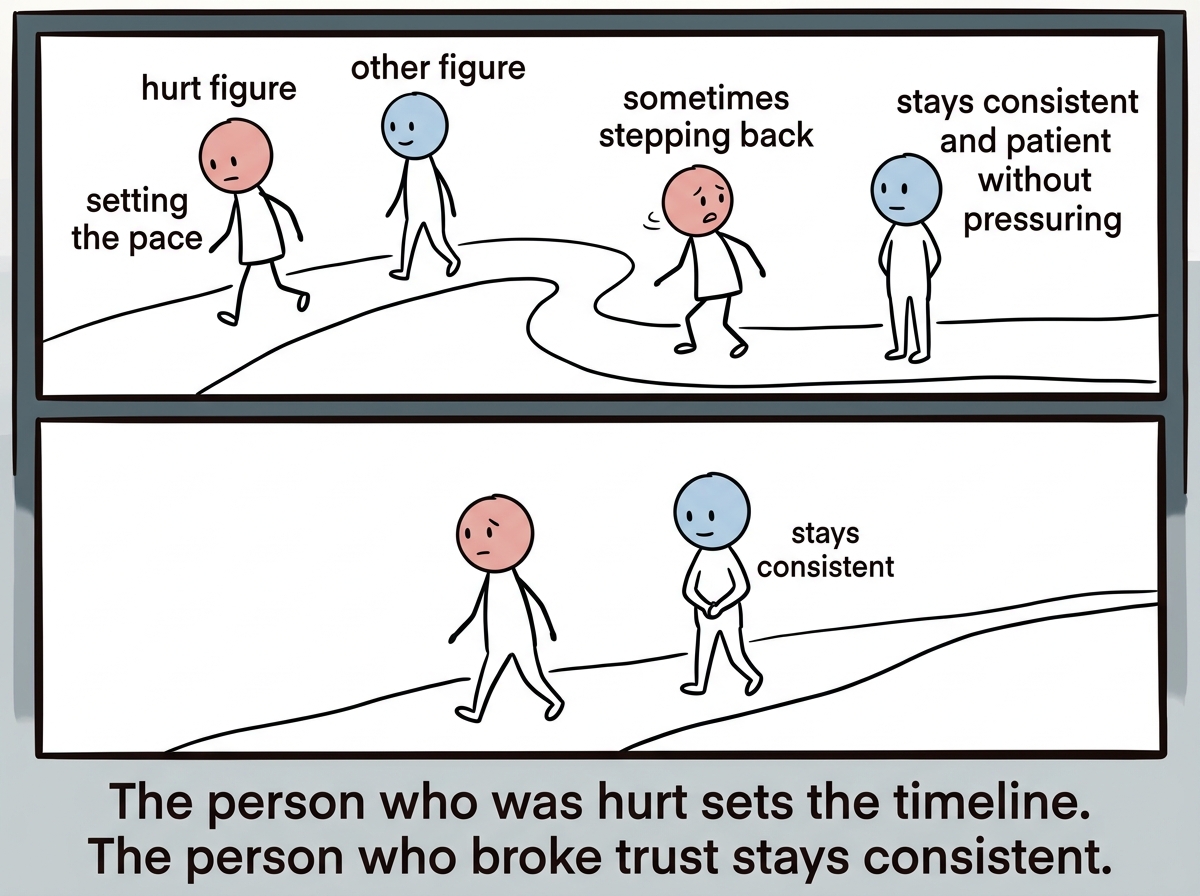 The hurt figure setting the pace, sometimes stepping back, while the other figure stays consistent and patient without pressuring