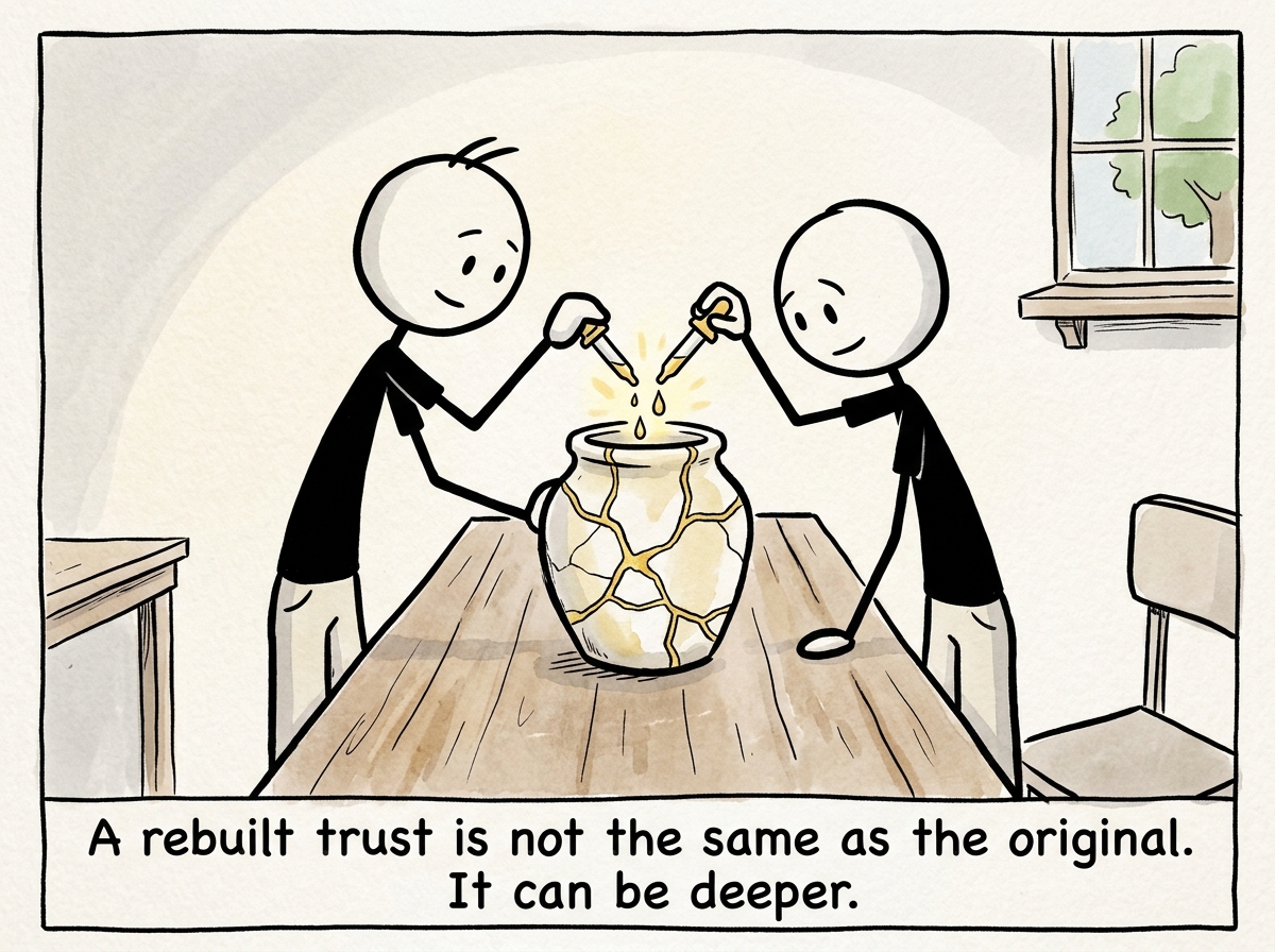 Both figures holding a jar with visible gold seams where it was mended, carefully adding new drops together