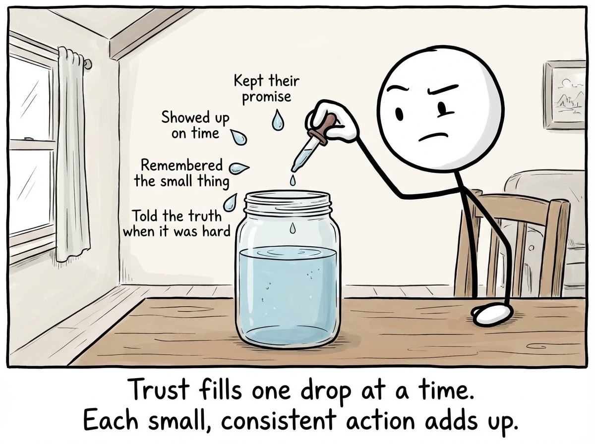 A stick figure carefully adding tiny drops to a jar, each labeled with small acts: 'Kept their promise,' 'Showed up on time,' 'Remembered the small thing,' 'Told the truth when it was hard.' The jar is about three-quarters full