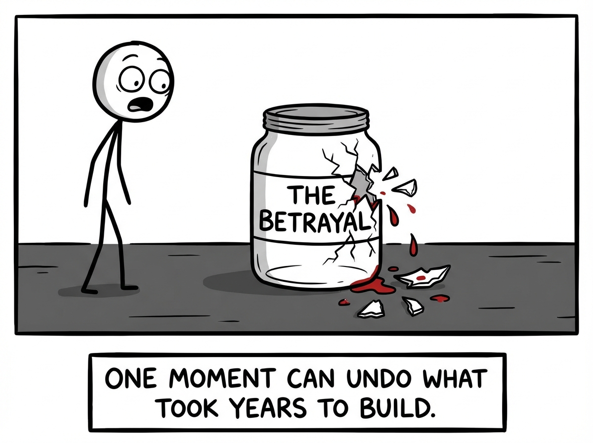 A sudden crack appears in the jar -- a single event labeled 'The lie' or 'The betrayal.' The jar shatters and all the drops spill out across the floor. The stick figure on the receiving end stares in shock