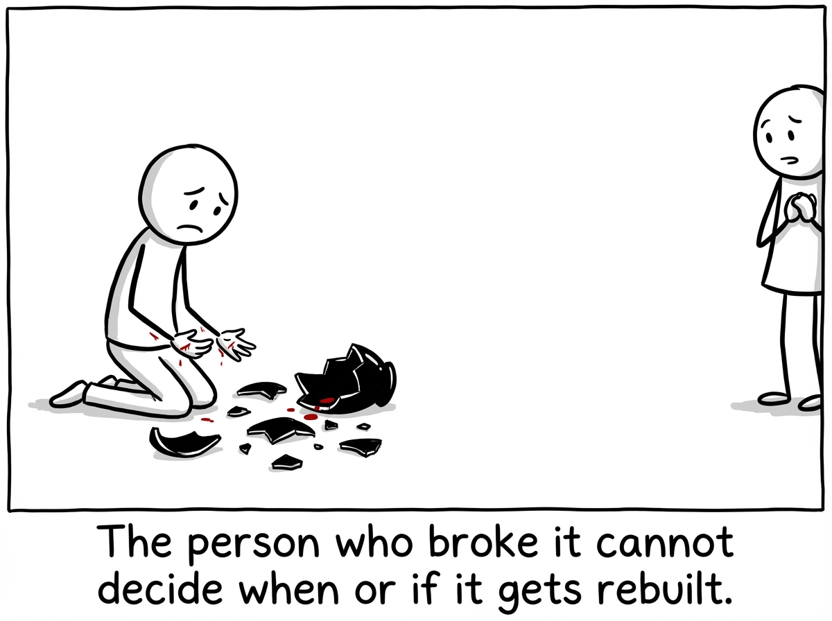The betrayed stick figure kneeling among the shattered pieces, trying to pick them up but cutting their hands. The other figure stands nearby, wanting to help but not sure if they are allowed to. The space between them is vast